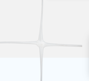 Close-up of a white cross-shaped structure with four slender arms meeting at a central node on a pale background.