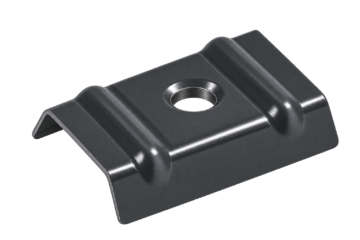 Metal mounting clip with a central threaded hole and curved, raised edges on a dark gradient background, product shot.