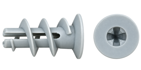Plastic wall anchor with a screw, used to mount items in drywall; shows spiral threads around the shaft and a large round head with a recessed interior for screwdriver engagement.