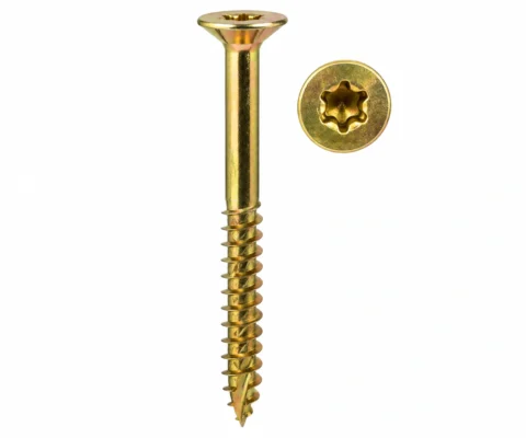 Gold zinc-coated Torx-drive wood screw with a round head and coarse threads (close-up)
