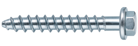 Hex-head wood screw with sharp point and coarse threads (metallic finish)
